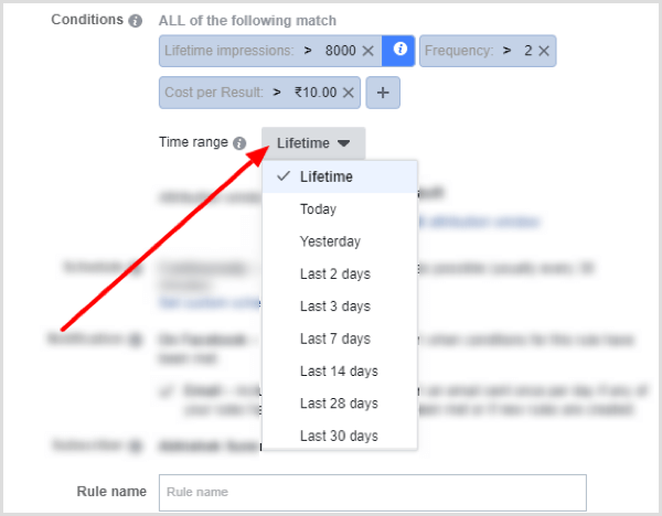 Laika diapazona nolaižamās izvēlnes opcijas, iestatot nosacījumu Facebook kārtulai