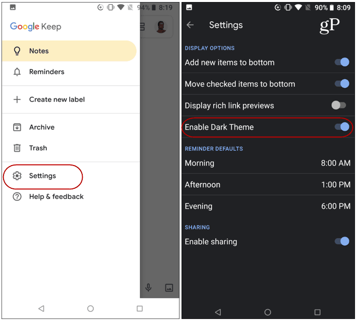 Tumšā režīma Google Keep