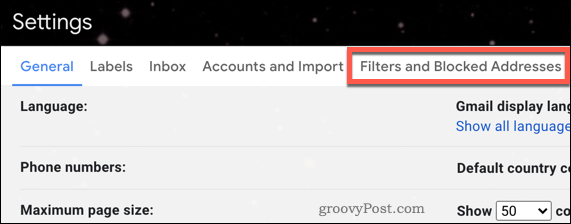 Gmail filtru izvēlne