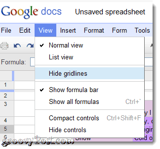 Slēpt režģlīnijas google docs izvēlnē