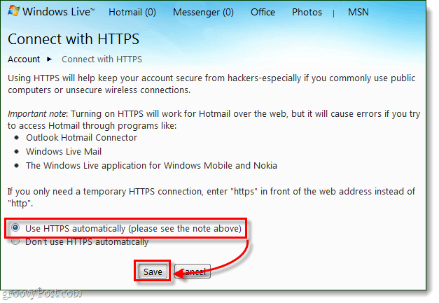 Kā vienmēr droši izveidot savienojumu ar Windows Live un Hotmail, izmantojot HTTPS