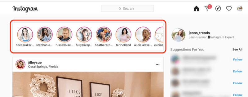 instagram plūsmas ekrānuzņēmums ar izceltiem stāstu profila lokiem