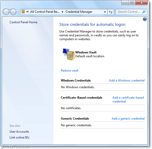 vispārējs Windows 7 akreditācijas datu pārvaldnieka glabātuves apskats
