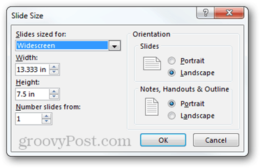 lappuses iestatīšana powerpoint 2013 opcijas proporcijas lieluma orientācija
