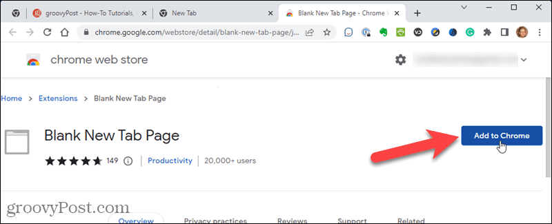 Blank New Tab Page paplašinājuma pievienošana pārlūkam Chrome