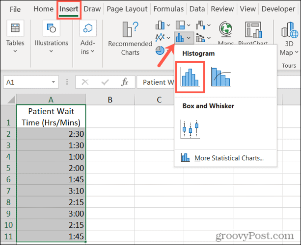 Ievietojiet histogrammu programmā Excel