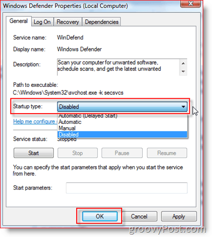 Atspējojiet pakalpojumu Windows Defender operētājsistēmā Windows Server 2008 vai Vista:: groovyPost.com