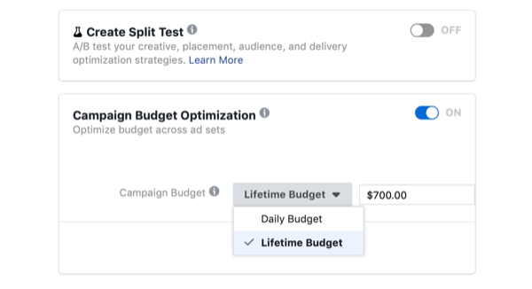 zibspuldzes dienā atlasot kampaņas budžeta optimizāciju un mūža budžetu Facebook kampaņai