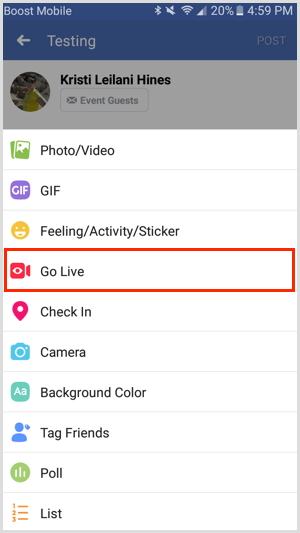 Go Live iespēja Facebook notikumam, izmantojot Facebook mobilo lietotni