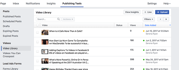 Jūsu Facebook video bibliotēkā ir visi jūsu publicētie un nepublicētie videoklipi. Videoklipi ar dzeltenu punktu netiek publicēti, un tiek publicēti videoklipi ar zaļu punktu.
