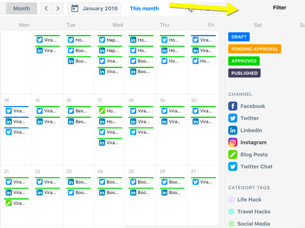 Kā organizēt sociālo mediju mārketinga uzdevumus, ContentCal kalendāra pārskats ar filtriem