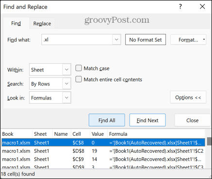 Excel meklēšanas rezultāti