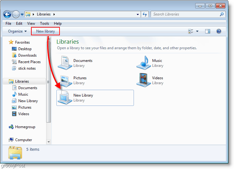 kā izveidot jaunu bibliotēku Windows 7