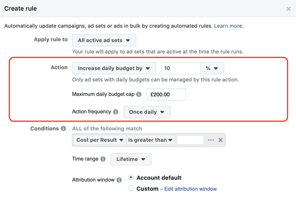 Izmantojiet Facebook automatizētās kārtulas, palieliniet budžetu, kad RTA pārsniedz 2, 2. darbība, darbības iestatījumi