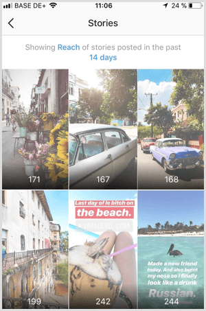 Skatiet Instagram Stories Reach datus pakalpojumā Instagram Analytics.