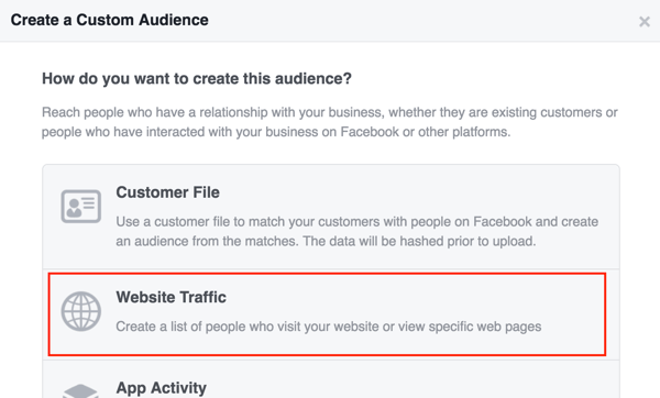Izveidojiet Facebook pielāgotu auditoriju, pamatojoties uz vietnes trafiku.
