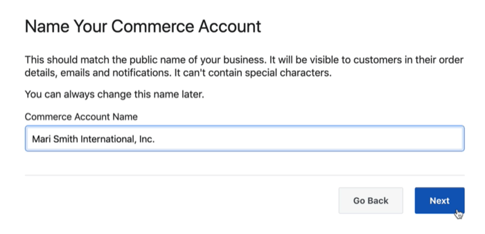 dialoglodziņa opcija, lai nosauktu savu facebook tirdzniecības kontu