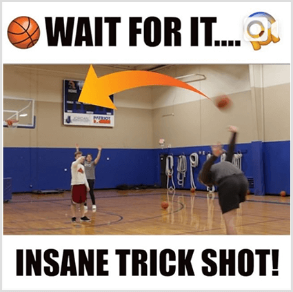 Instagram videoklipa sīktēla attēlā augšā un apakšā ir baltas joslas un melns teksts, kurā redzams baltā cilvēka attēls, kurš sporta zālē izdara triku ar basketbolu. Augšējā tekstā ir basketbola emocijzīmes un teksts Wait For It. Apakšējā tekstā teikts Insane Trick Shot!