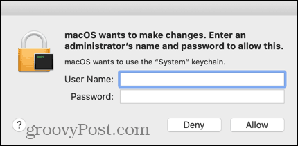 Ievadiet sava administratīvā Mac konta akreditācijas datus