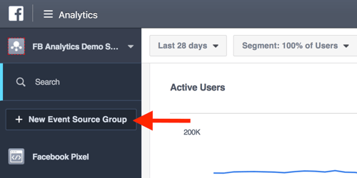 Izveidojiet notikumu avotu grupas no sava Facebook Analytics informācijas paneļa.