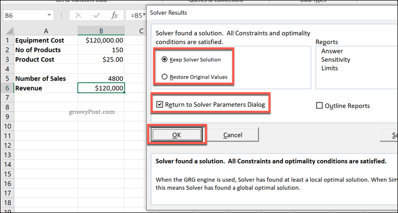 Excel Solver rezultātu logs