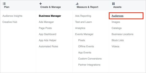 Lai izveidotu vietnes pielāgotu mērķauditoriju, atveriet Ads Manager un sadaļā Aktīvi atlasiet Mērķauditorijas.