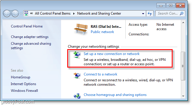Windows 7 iestatiet jaunu savienojumu vai tīklu