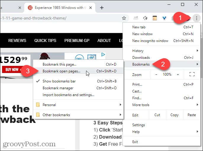 Chrome izvēlnē atlasiet Grāmatzīmes atvērtās lapas