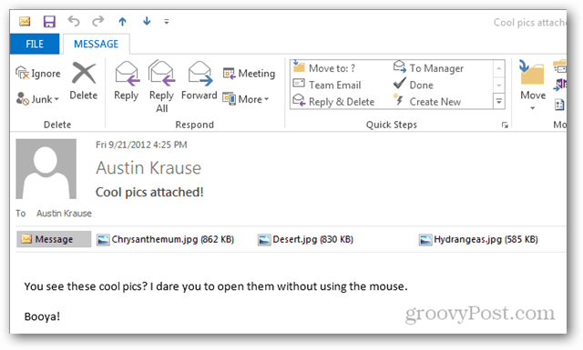 Kā atvērt pielikumus programmā Outlook 2013 bez peles