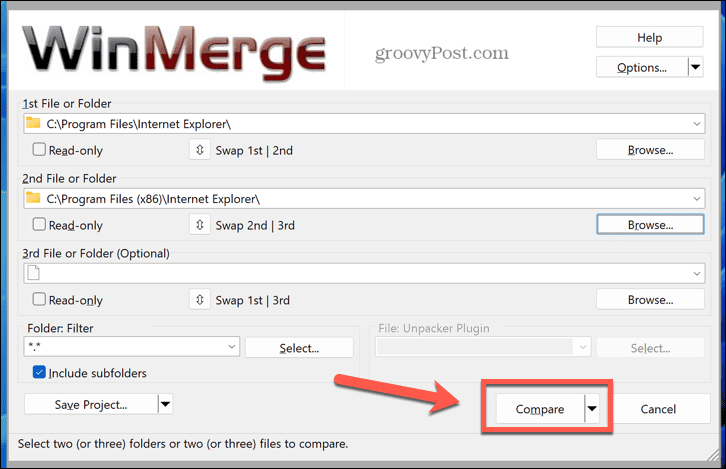 Windows 11 Winmerge salīdzināšanas poga