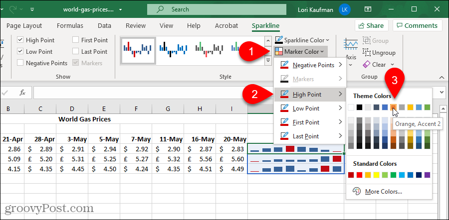 Mainiet marķiera krāsu Excel Sparklines diagrammā