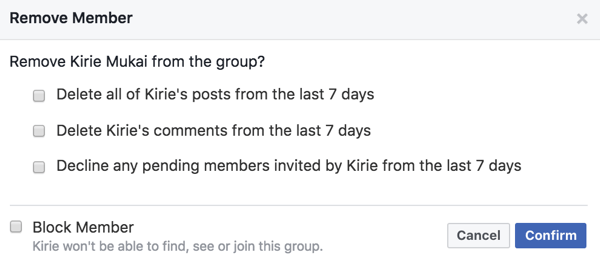 Jūs varat izdzēst dalībnieku ziņas, komentārus un ielūgumus, kad noņemat tos no savas Facebook grupas.