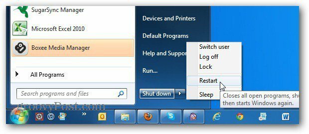 Mainiet Windows 7 izvēlnes Sākt barošanas pogu uz Vienmēr restartēt