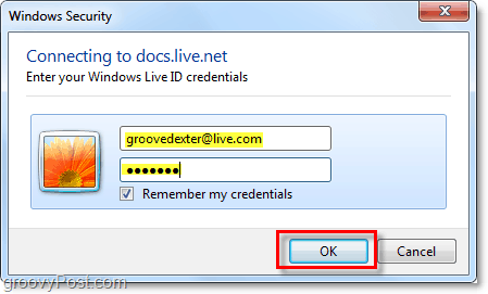 ievadiet Windows Live konta lietotāja vārdu un paroli Microsoft Office 2010