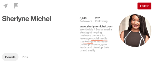 Pievienojiet populārus atslēgvārdus sava Pinterest profila aprakstam.