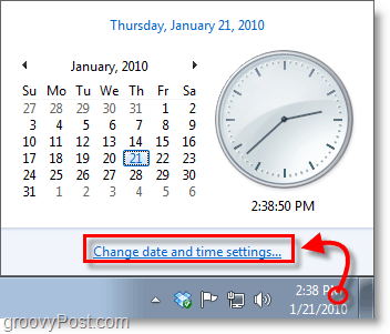 Windows 7 ekrānuzņēmums - noklikšķiniet uz pulksteņa un mainiet iestatījumus