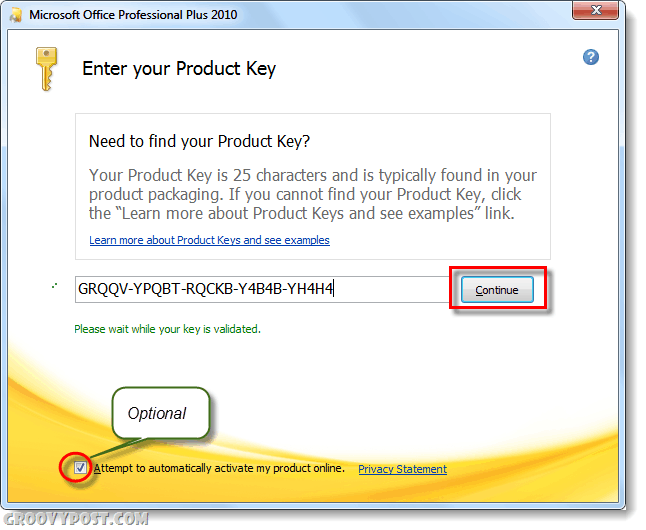 ievadiet jauno Office 2010 produkta atslēgu