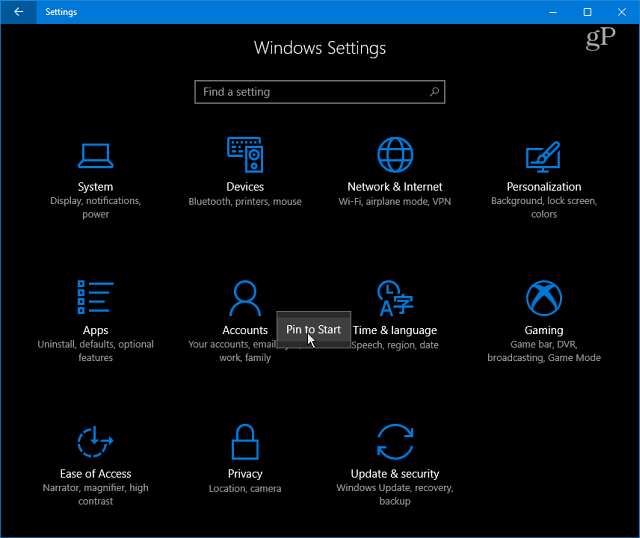 Windows 10 iestatījumu kategorijas