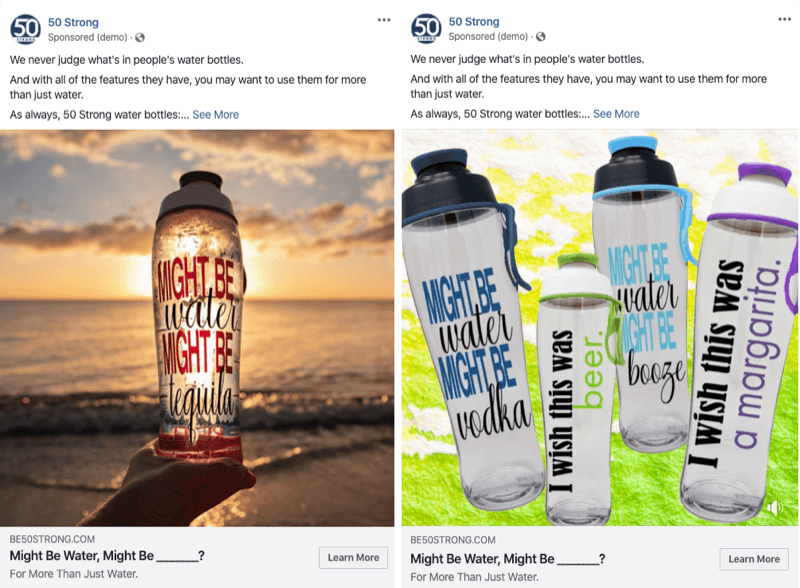 divas Facebook reklāmas ar dažādiem attēliem, lai pārbaudītu ar Facebook eksperimentiem