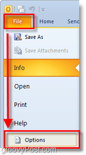 perspektīvā 2010 izmantojiet faila lenti, lai atvērtu opcijas