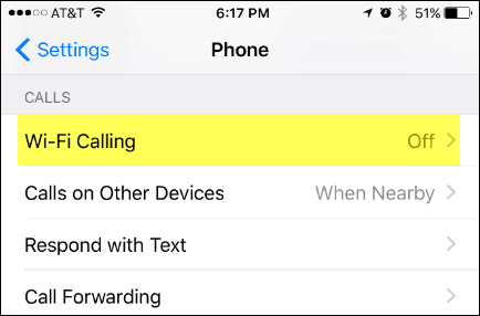 WiFi zvanīšana iPhone iestatījumu izvēlnē