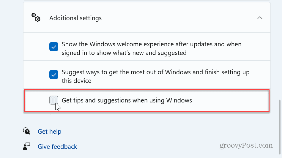 Atspējojiet Windows 11 padomu un ieteikumu paziņojumus