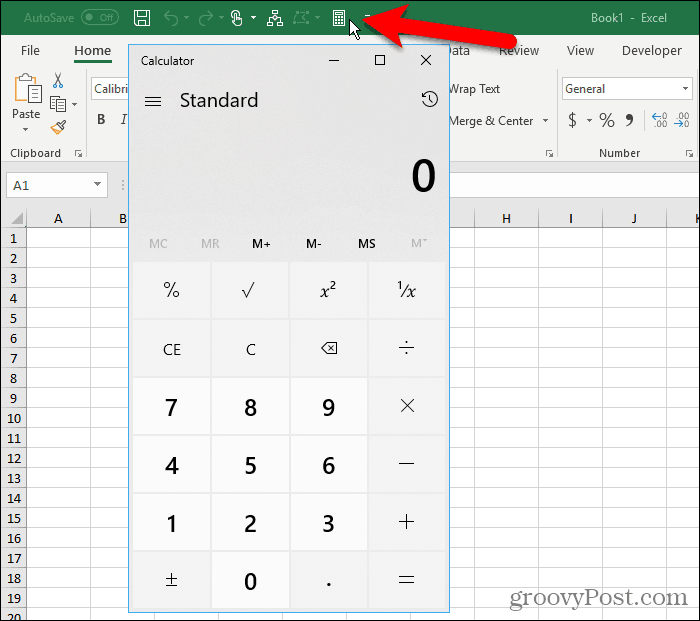 Windows kalkulators ātrās piekļuves rīkjoslā Excel