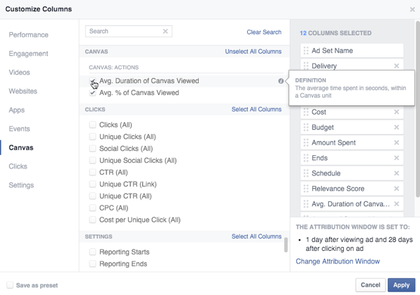 facebook audekla metrikas opcijas