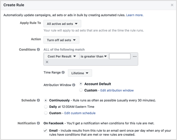 Facebook automatizēto noteikumu iestatīšanas logs