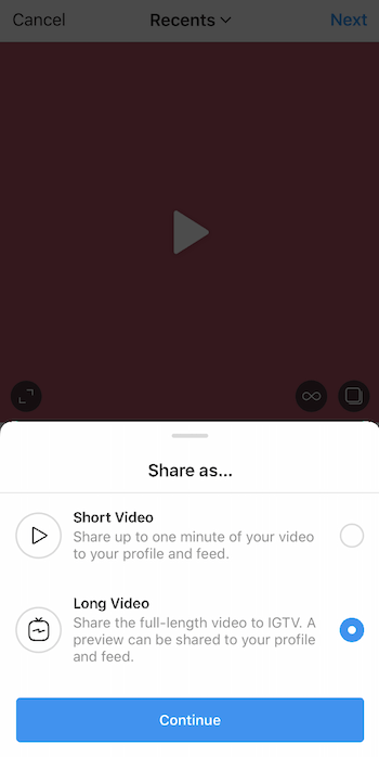 instagram video augšupielāde ar koplietošanu, kad tiek izvilkta izvēlne un atlasīta garā video opcija