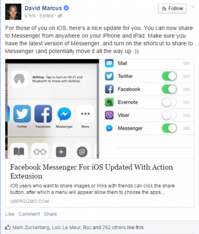 "Facebook Messenger lietotāji ar iPhone vai iPad tagad var kopīgot fotoattēlus vai saites tieši uz lietojumprogrammu pēc iOS lietotnes atjaunināšanas."