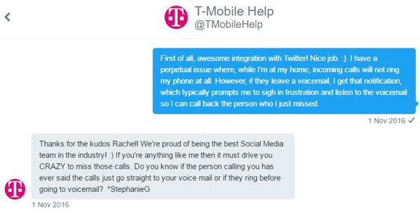 T-Mobile klientu apkalpošanas pārstāvis varēja sazināties ar mani viens pret vienu un nulle manā jautājumā.