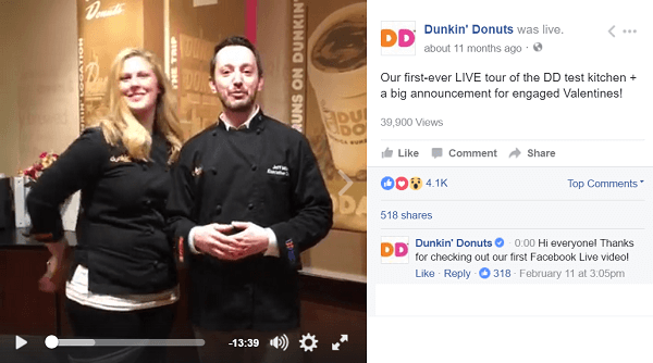 Dunkin Donuts izmanto Facebook Live video, lai aizvestu fani aiz ainas.