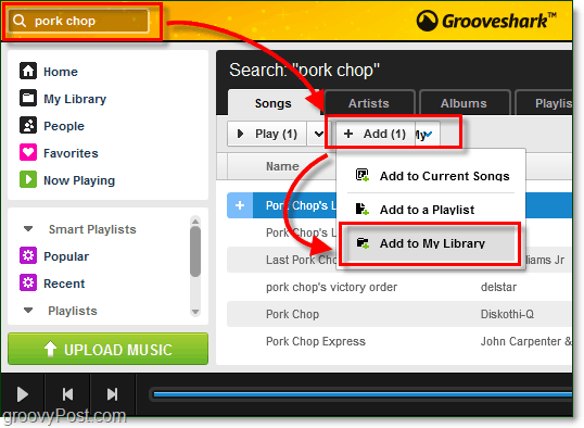 pievienojiet meklētās dziesmas savai Grooveshark mūzikas bibliotēkai